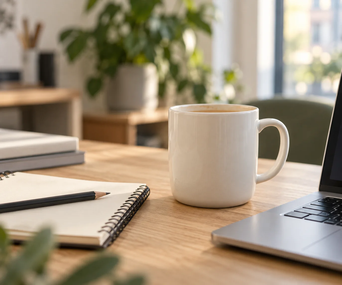 Carnet, tasse et ordinateur sur un bureau lumineux